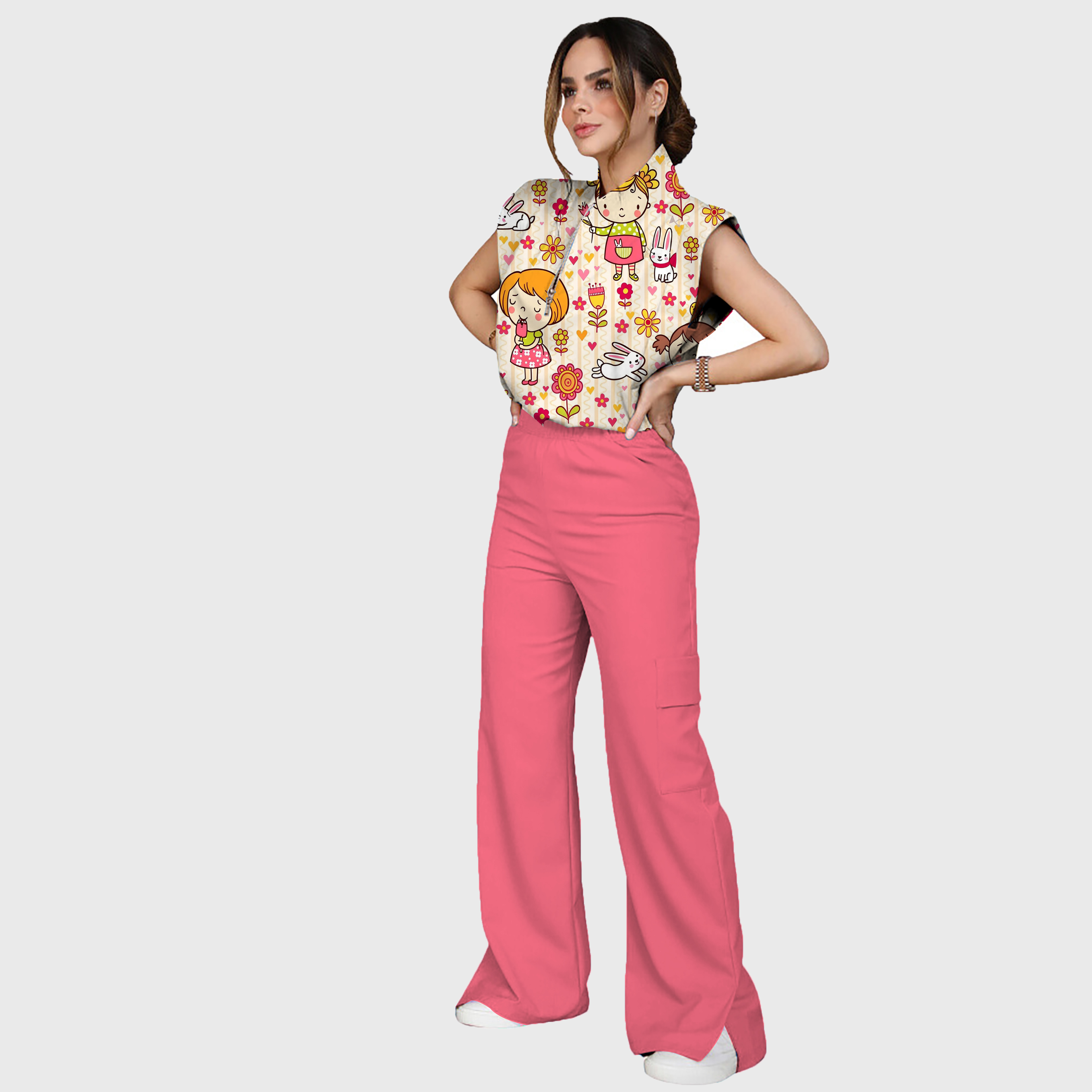 Women's Cartoon Girls Printed Scrub Set SP26