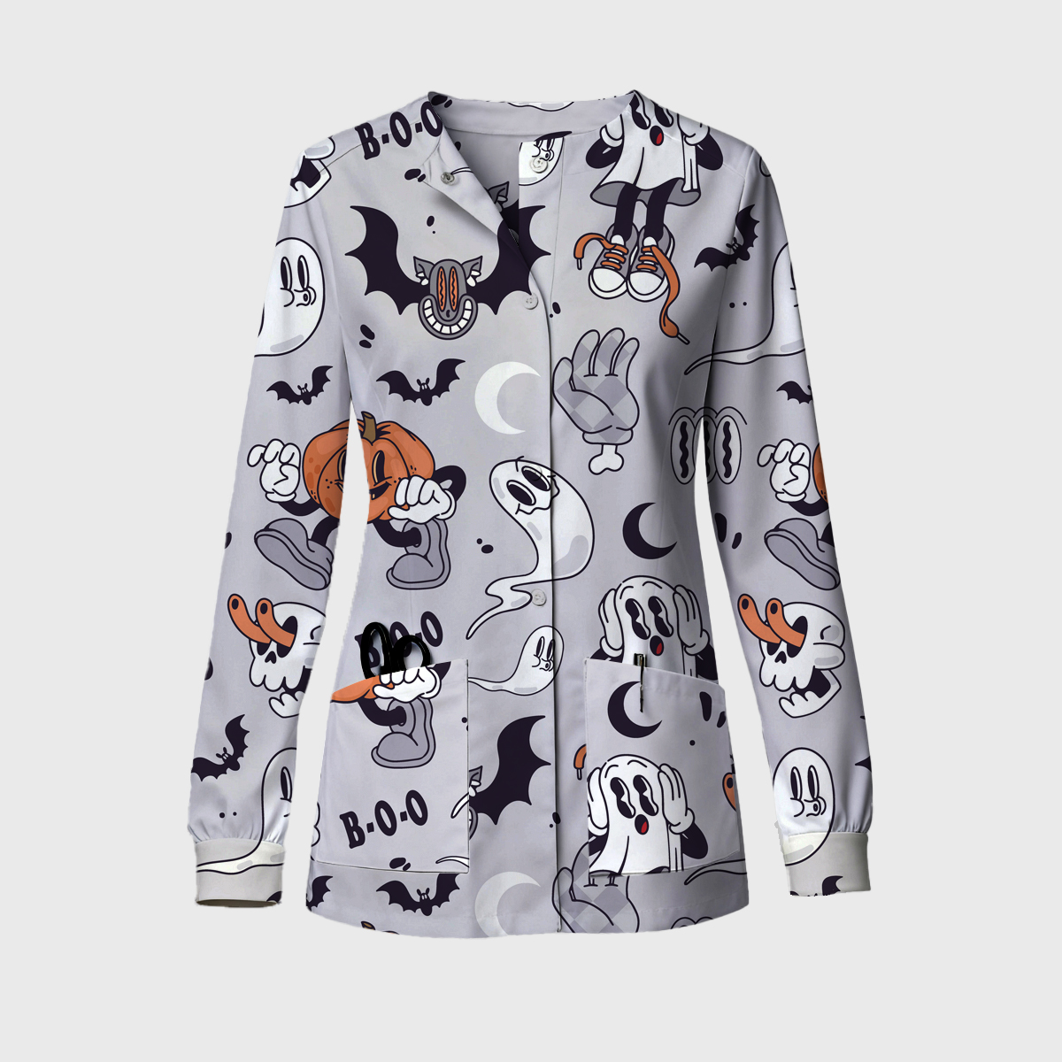 Happy BOO Halloween Long Sleeve Snap-Front Print Lightly Fleece Scrub Jacket
