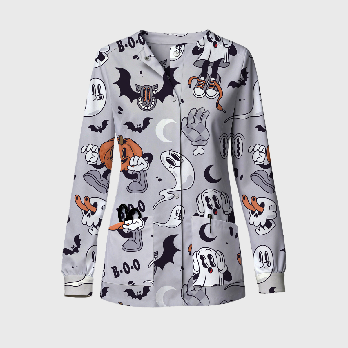 Happy BOO Halloween Long Sleeve Snap-Front Print Lightly Fleece Scrub Jacket