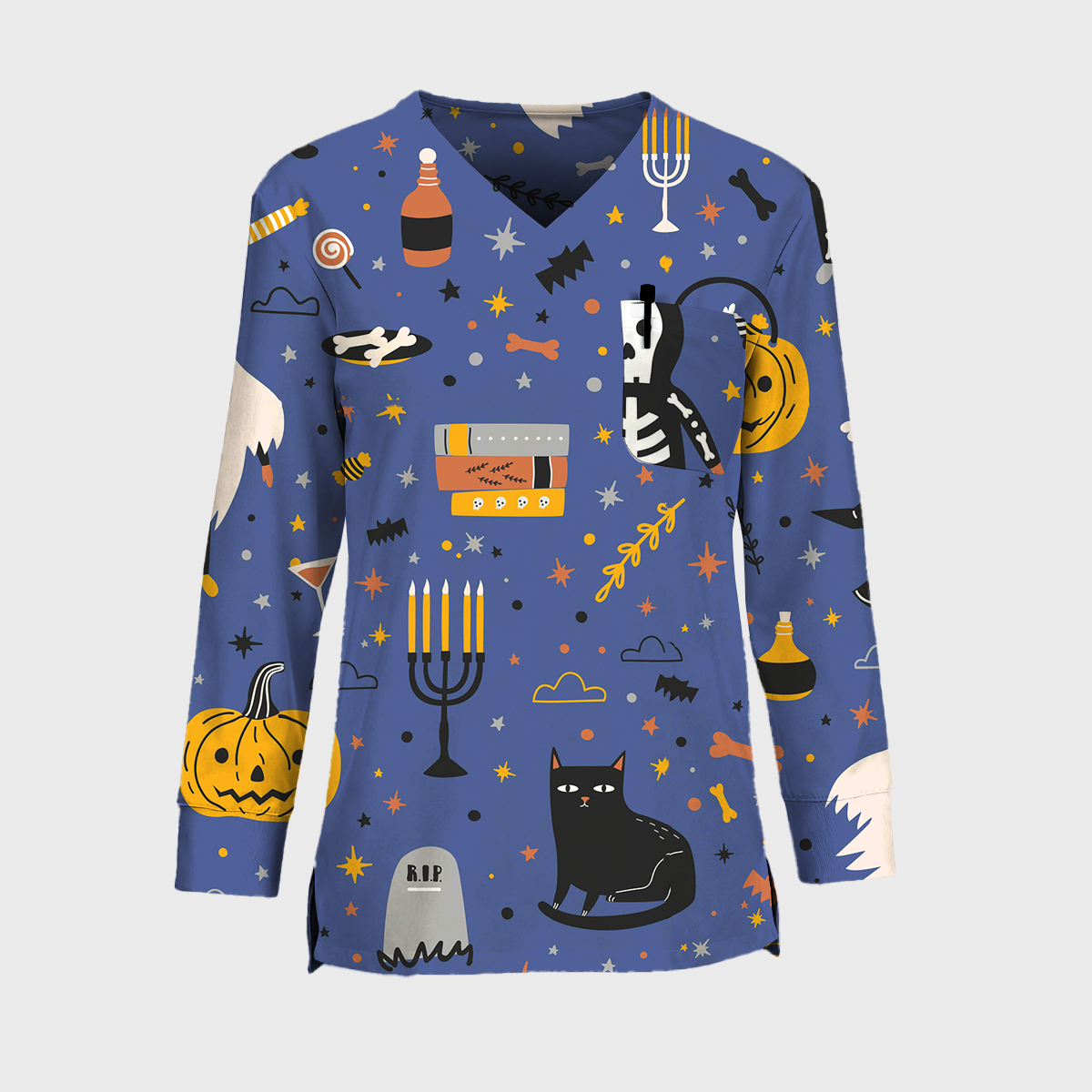 Halloween Easy STRETCH Women's Long Sleeve Blue Skull Printed Scrub Top