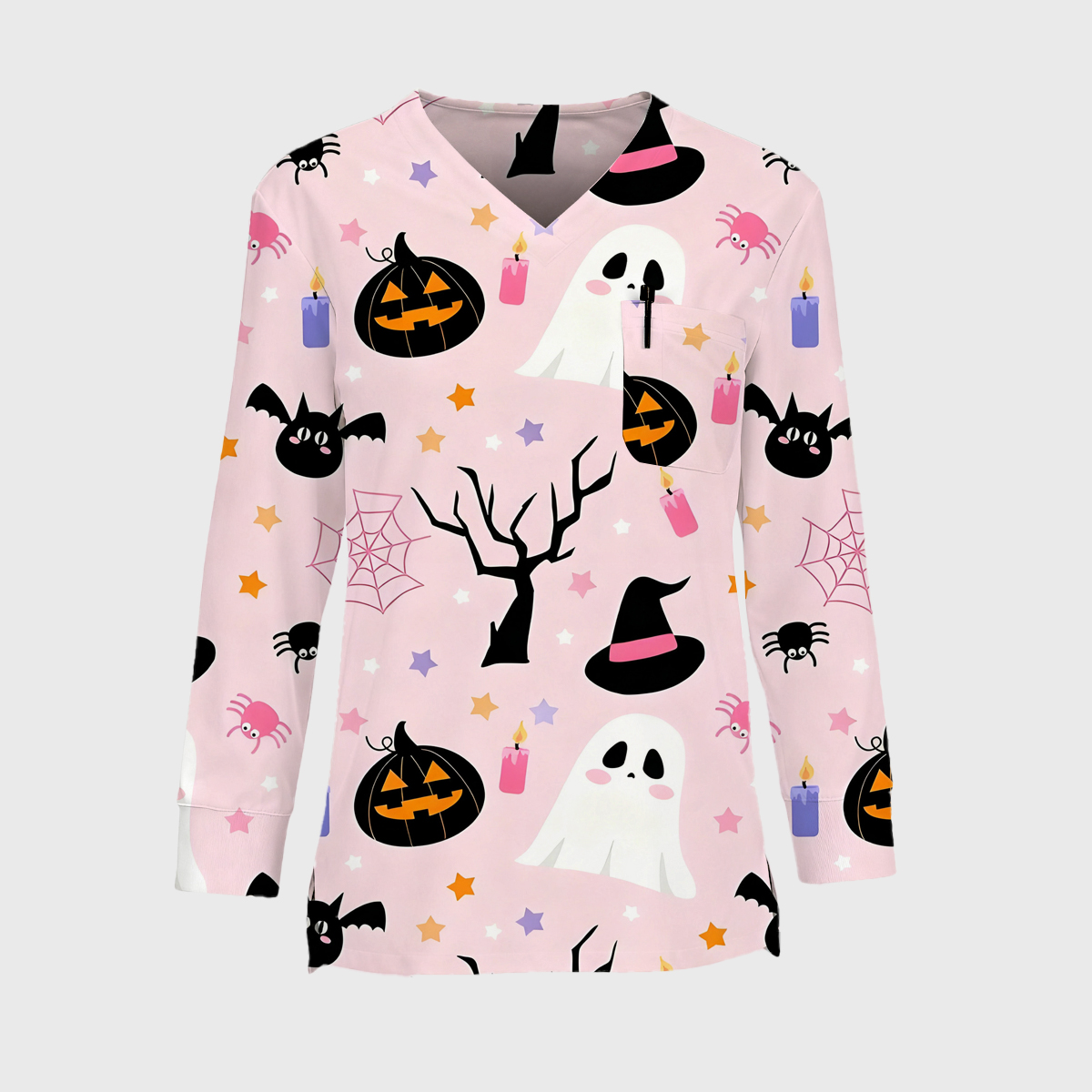 Halloween Easy STRETCH Women's Long Sleeve Pink Printed Scrub Top