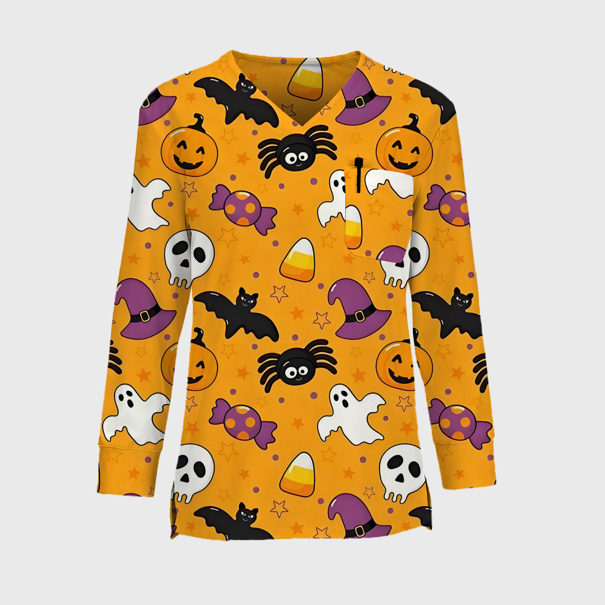 Halloween Easy STRETCH Women's Long Sleeve Orange Printed Scrub Top