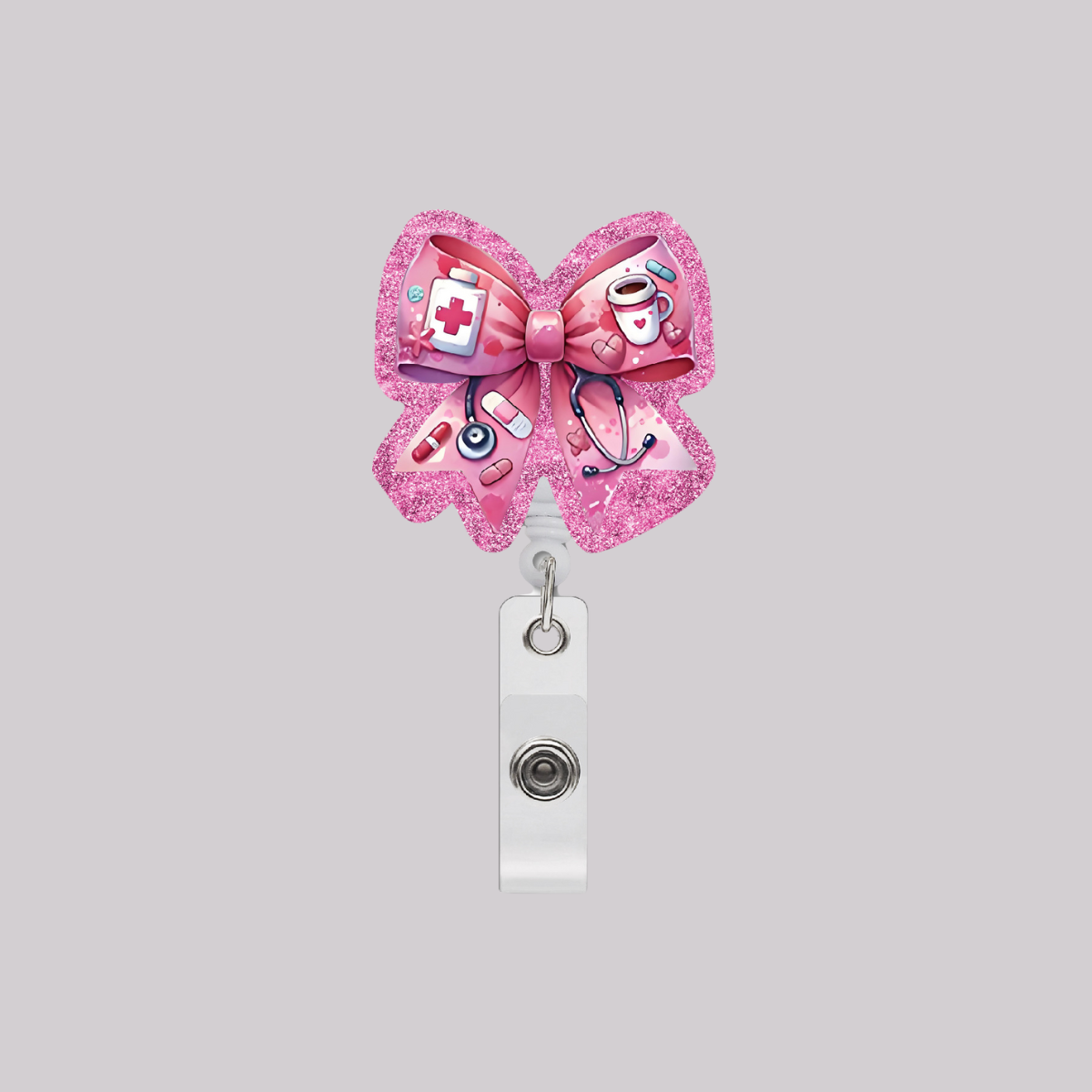 New Pink Acrylic Nurse Bow Retractable Easy Pull Badge Reel