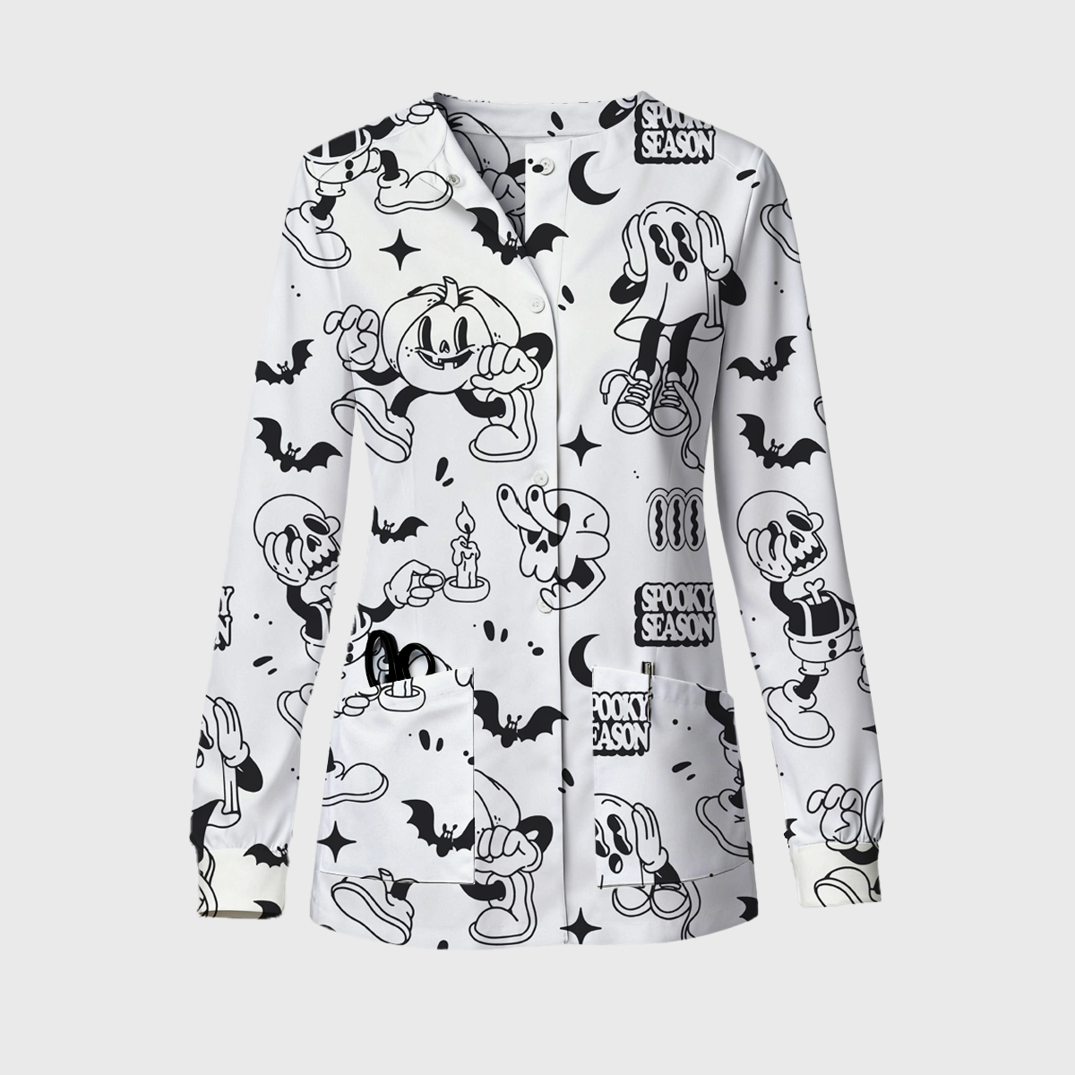 Halloween Long Sleeve Snap-Front Spooky Print Lightly Fleece Scrub Jacket