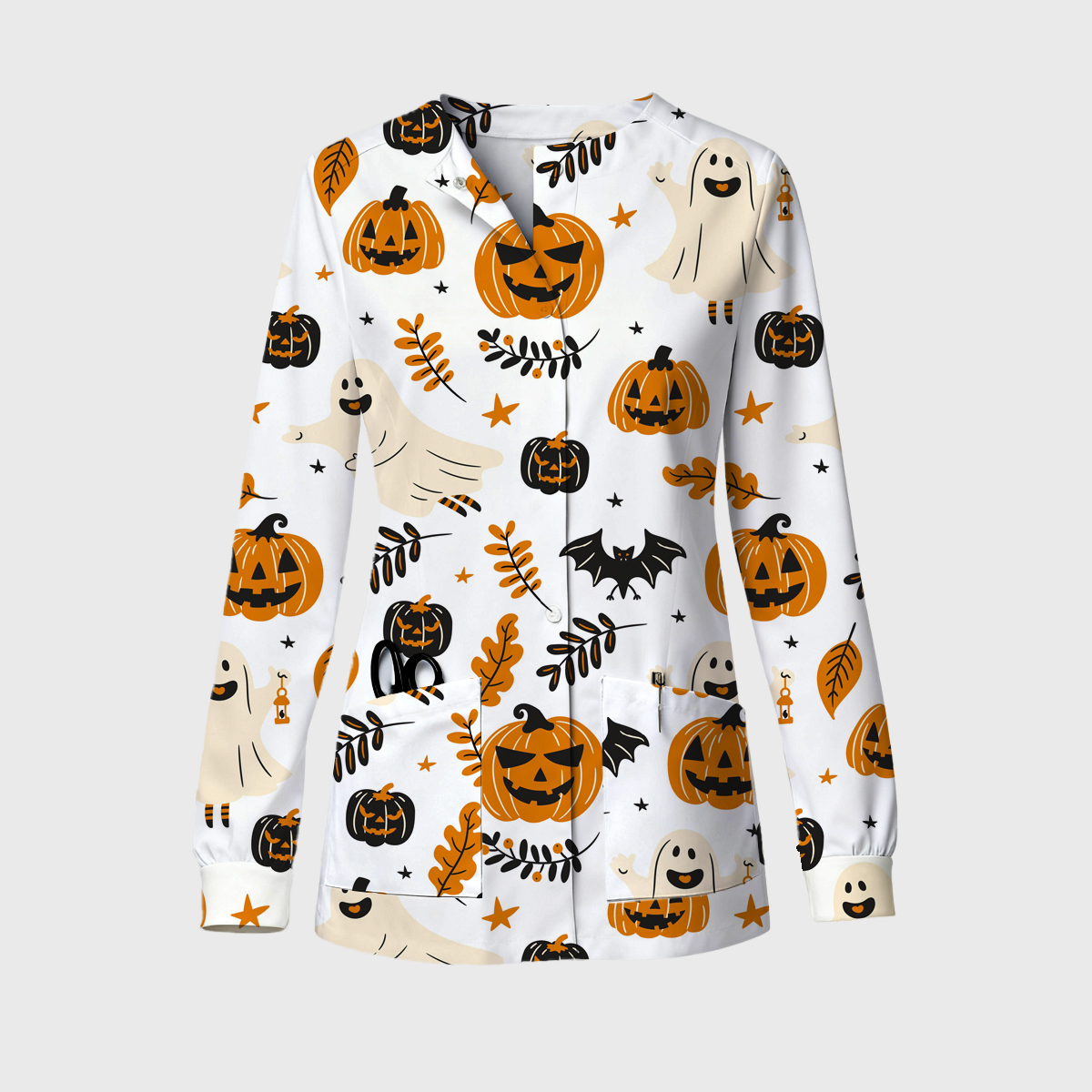 Halloween Long Sleeve Snap-Front Pumpkin Print Lightly Fleece Scrub Jacket