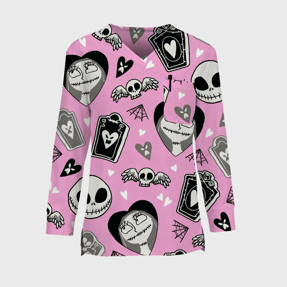 Halloween Easy STRETCH Women's Long Sleeve Skull Printed Scrub Top