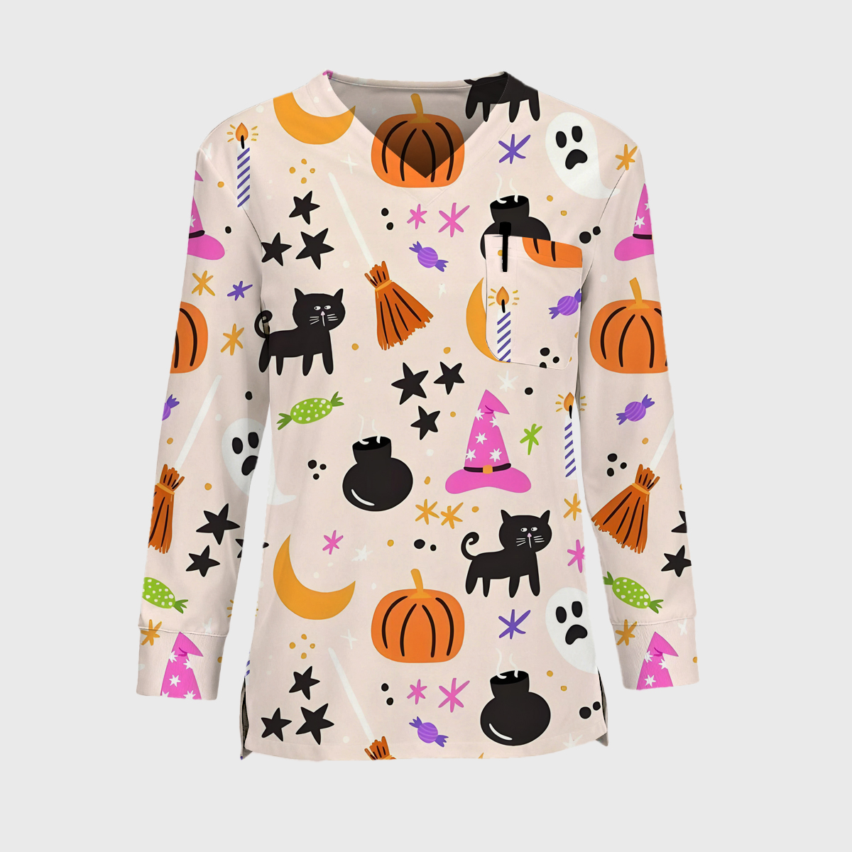 Halloween Easy STRETCH Women's Long Sleeve Cat Printed Scrub Top