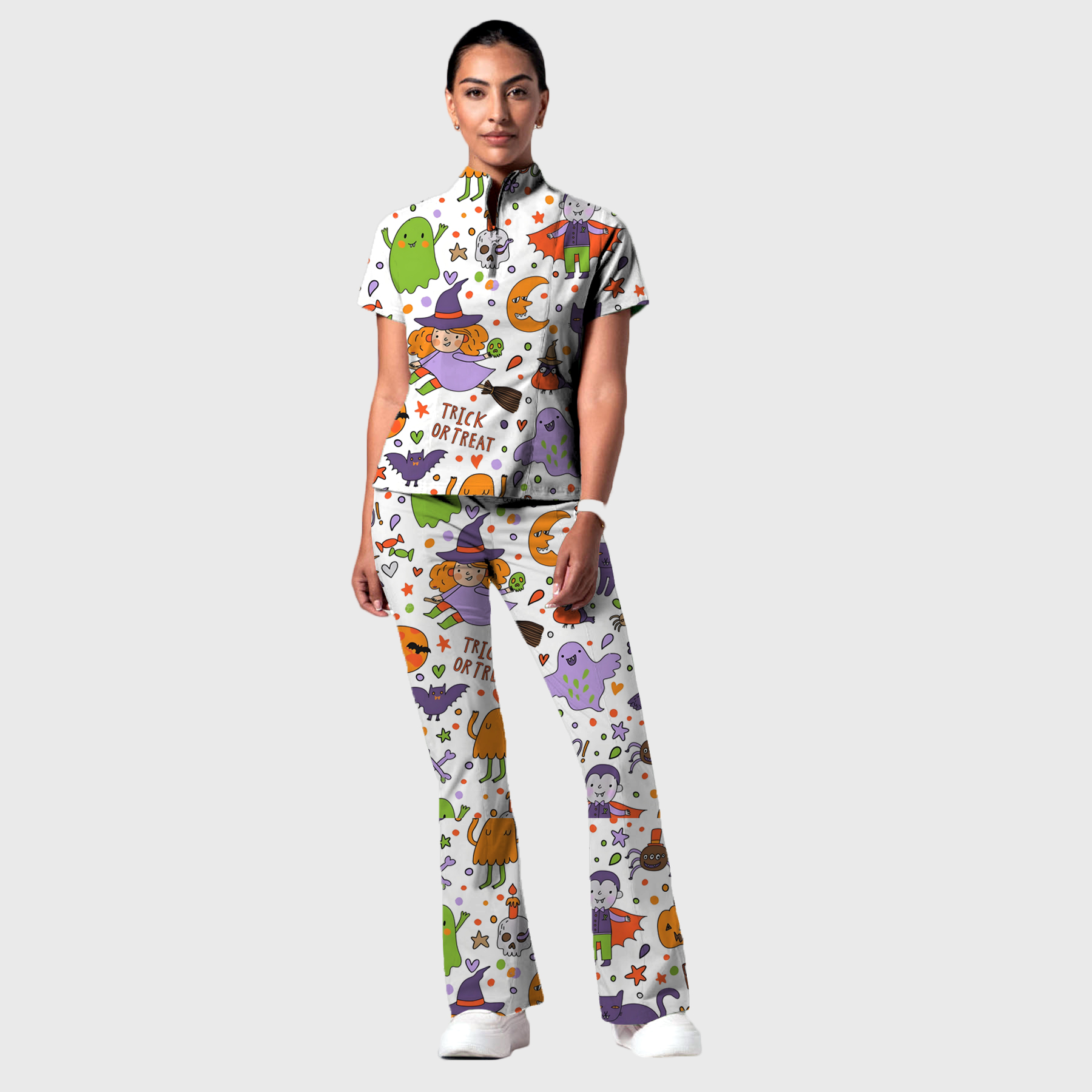 Women's Stand-Up Tie Zipper Cartoon Printed Scrub Set ST9127