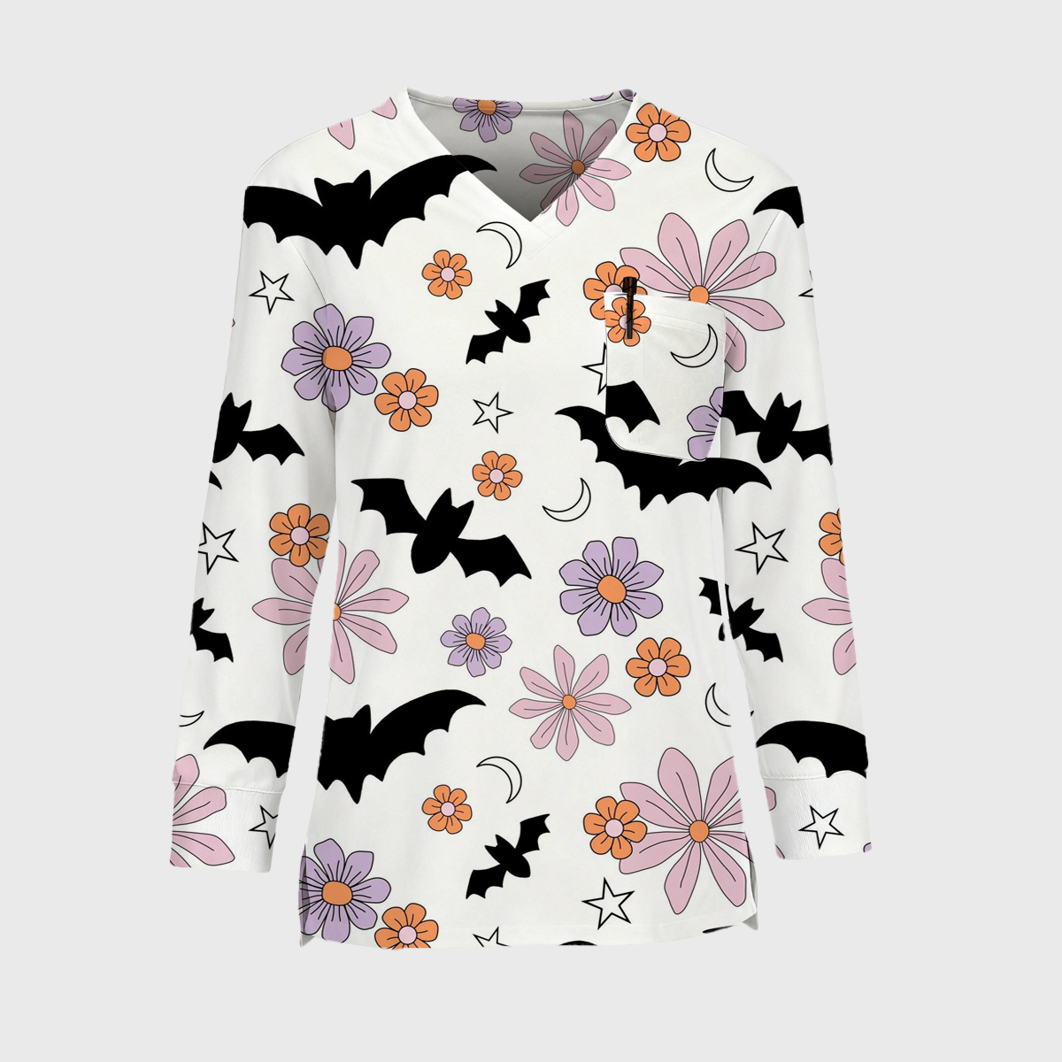 Halloween Easy STRETCH Women's Long Sleeve Cute Printed Scrub Top