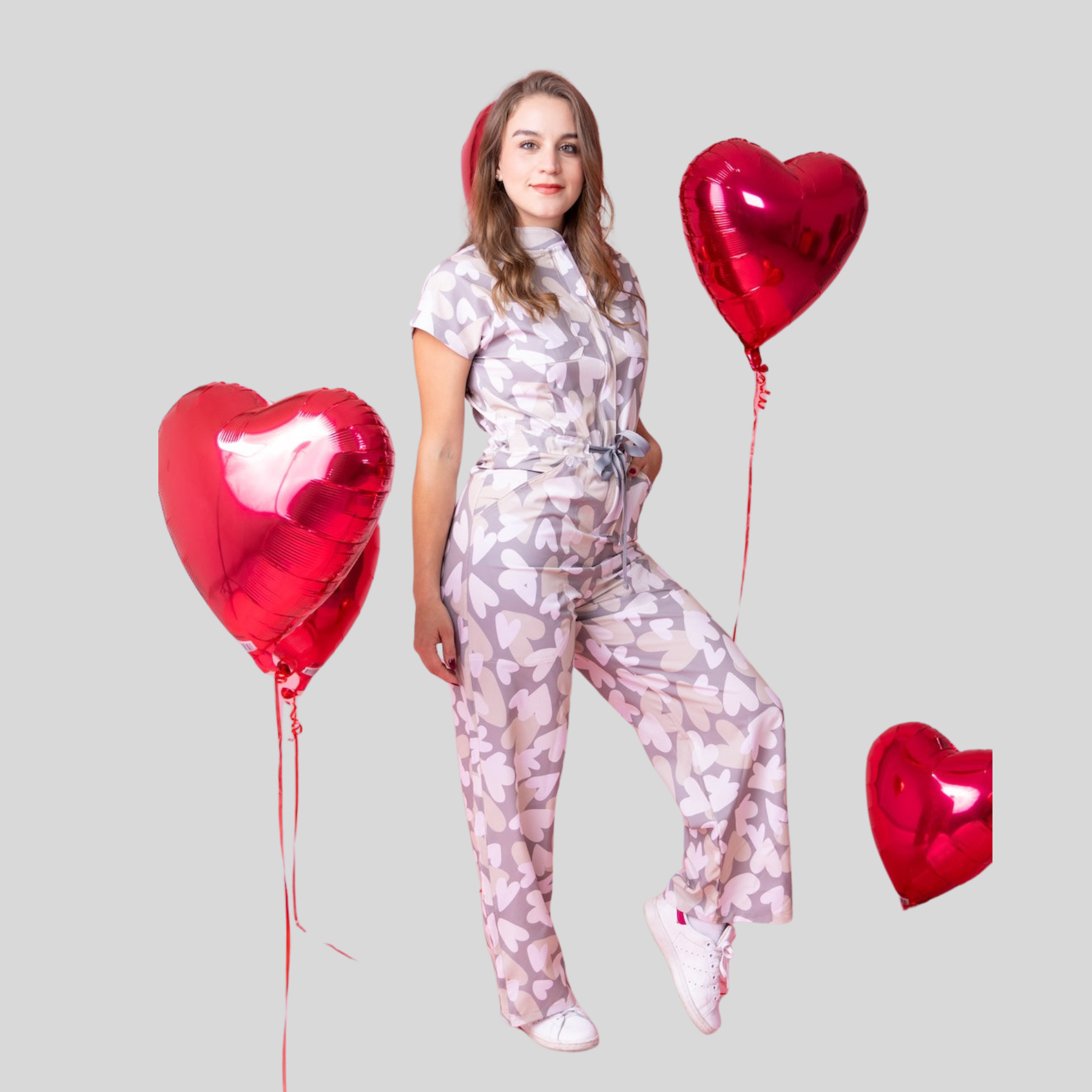 Women's Lovely Print Heart  Long Flared Cut Scrub Jumpsuit