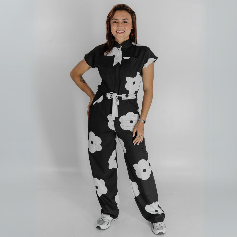 Women's Printed Style Mandarin Collar Long Flared Cut Scrub Jumpsuit