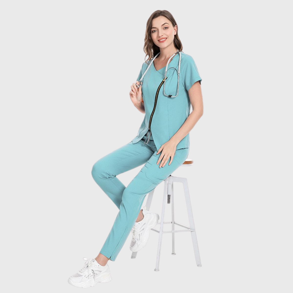 Women's Short-Sleeved Diagonal Zipper Scrub Set S3