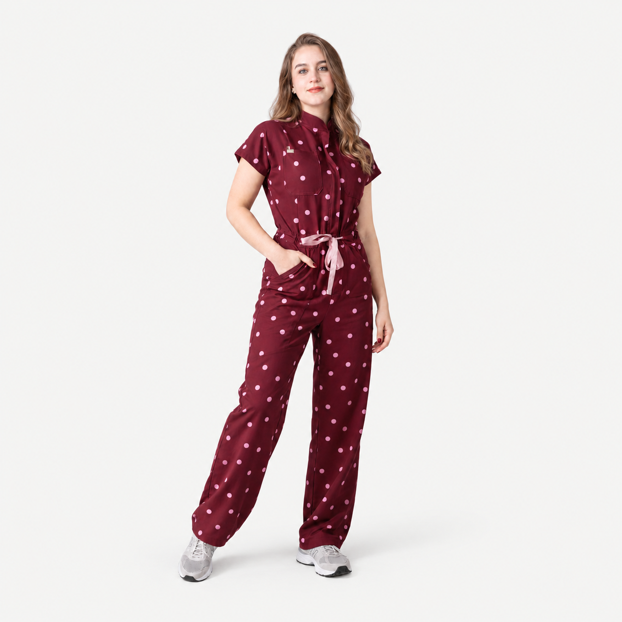 Women’s Stand Collar Waist Tie Burgundy Polka Dot Wide Leg Scrub Jumpsuit