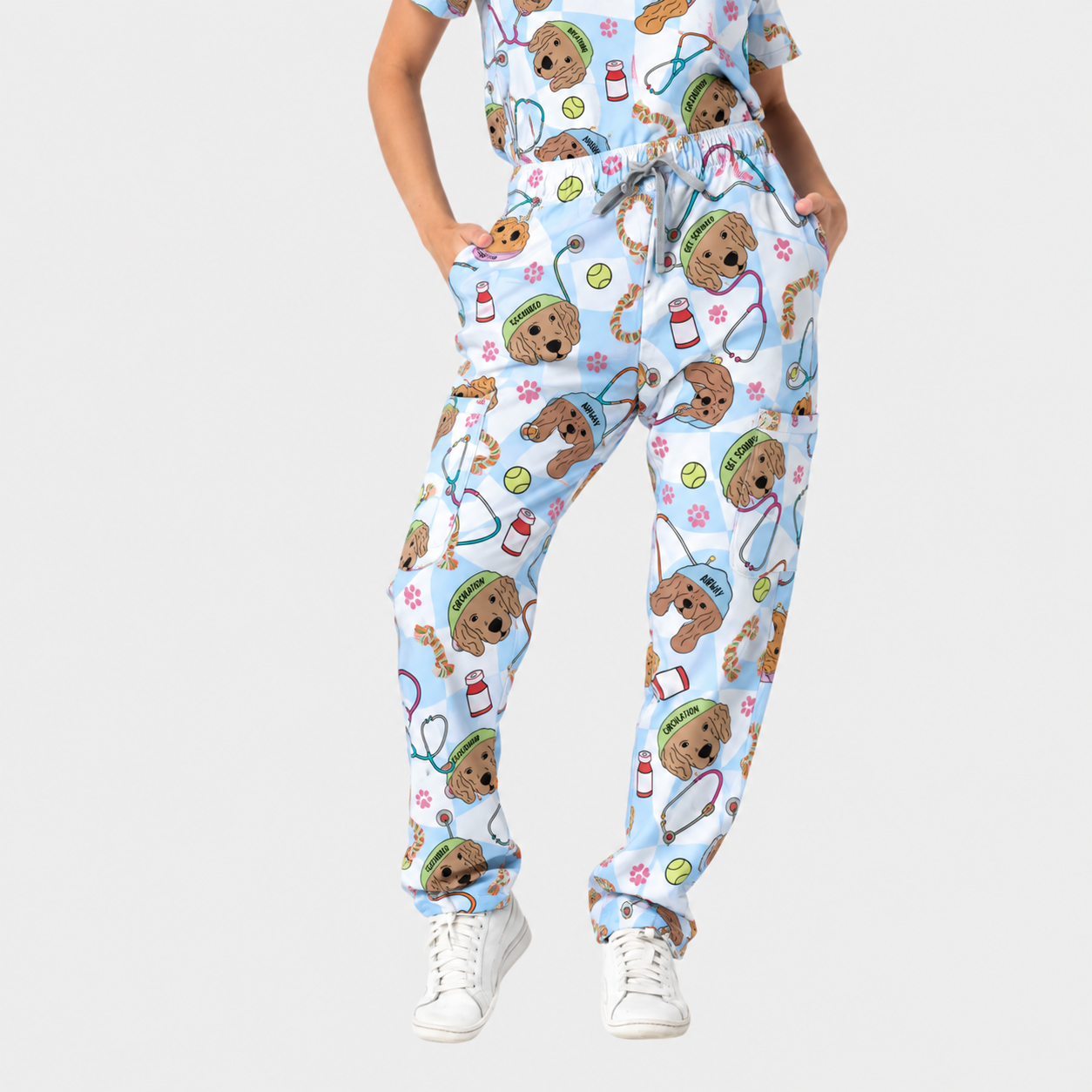 Women's V-Neck Puppy Printed 3-Pocket Scrub Set WD5
