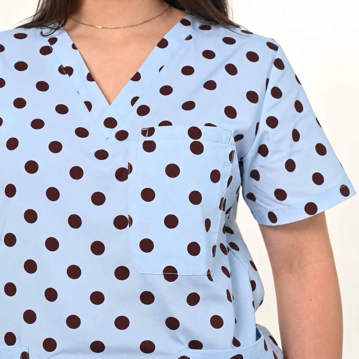 Women’s V-Neck 3-Pocket Cocoa Sky Polka Dot Printed Scrub Top