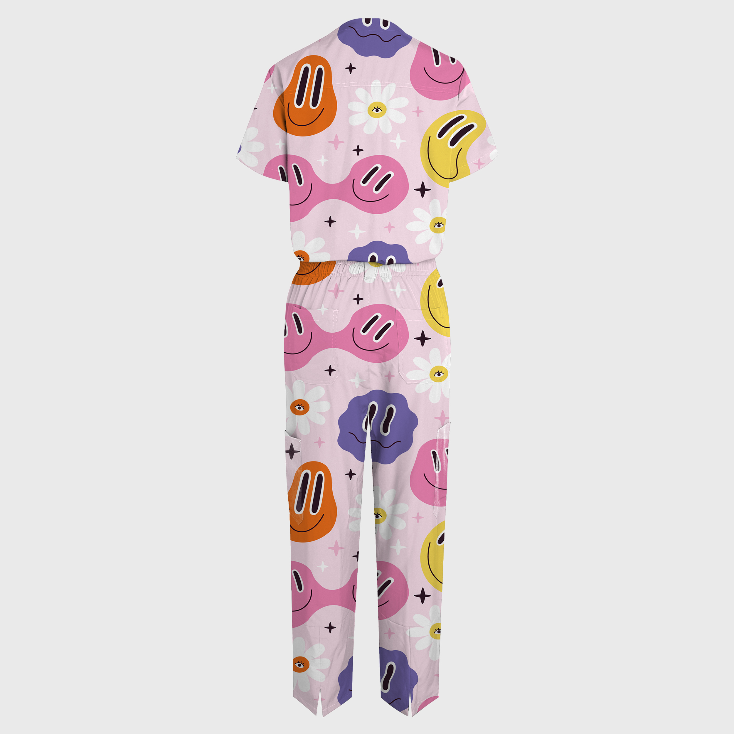 Women's Smiley Face Print V-neck Wide Leg Scrub Jumpsuit