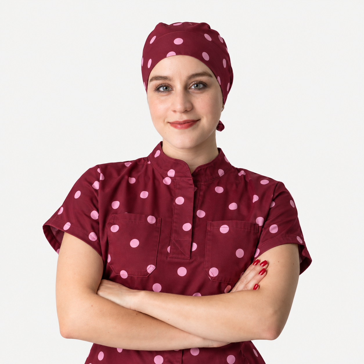 Burgundy Polka Dot Printed Surgical Caps