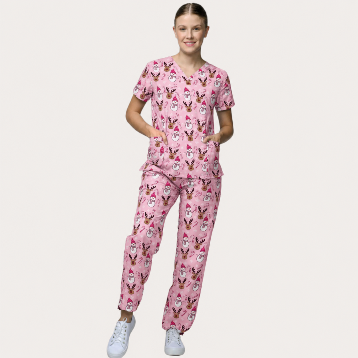WOMEN'S FROSTY & PRANCER PRINTED JOGGER SCRUB SET