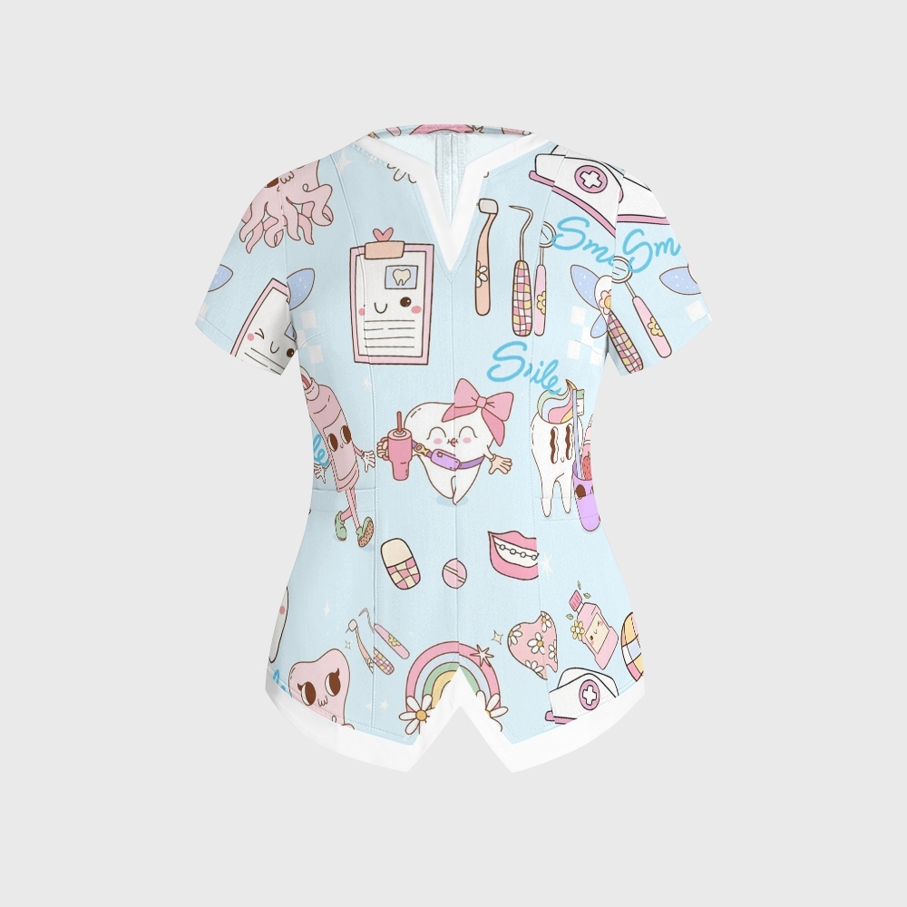 Women's V-Neck Smile Teeth Printed Scrub Set ST12