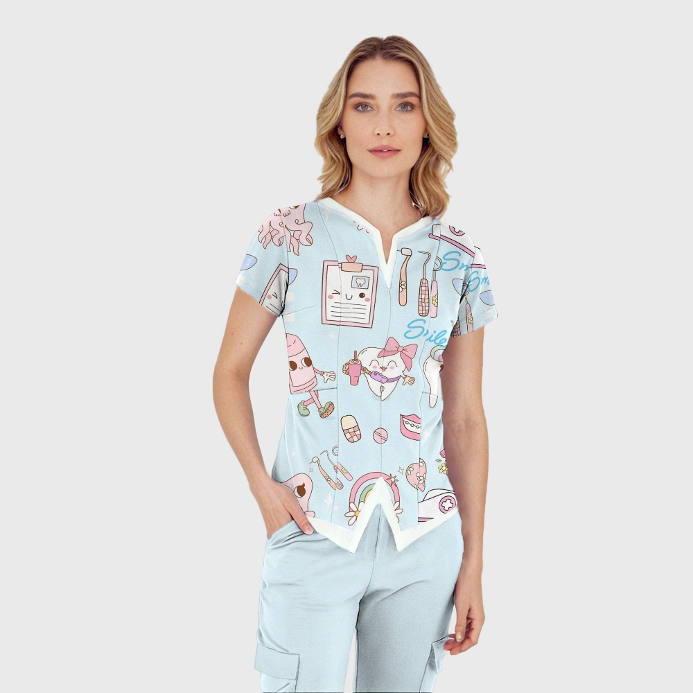 Women's V-Neck Smile Teeth Printed Scrub Set ST12