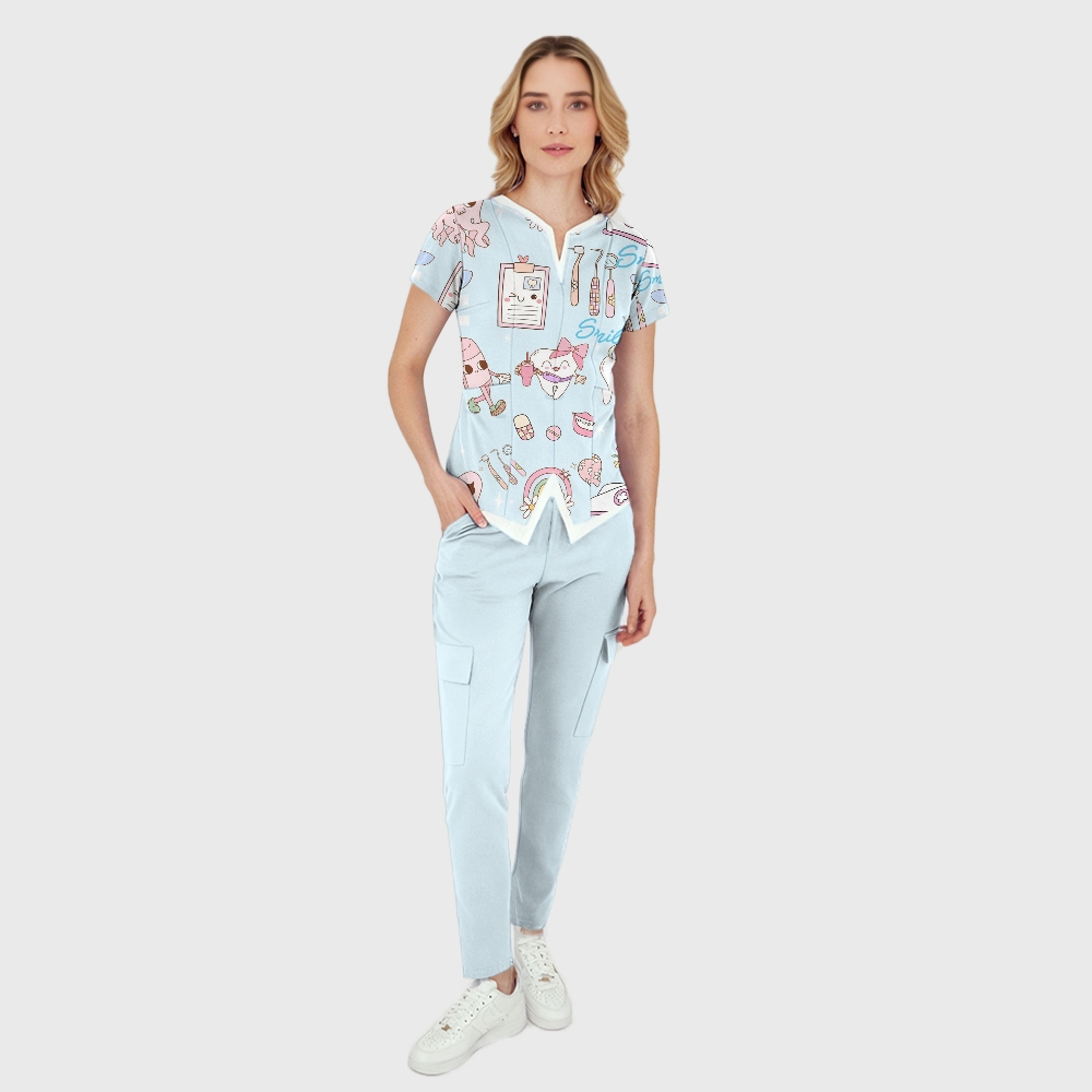 Women's V-Neck Smile Teeth Printed Scrub Set ST12
