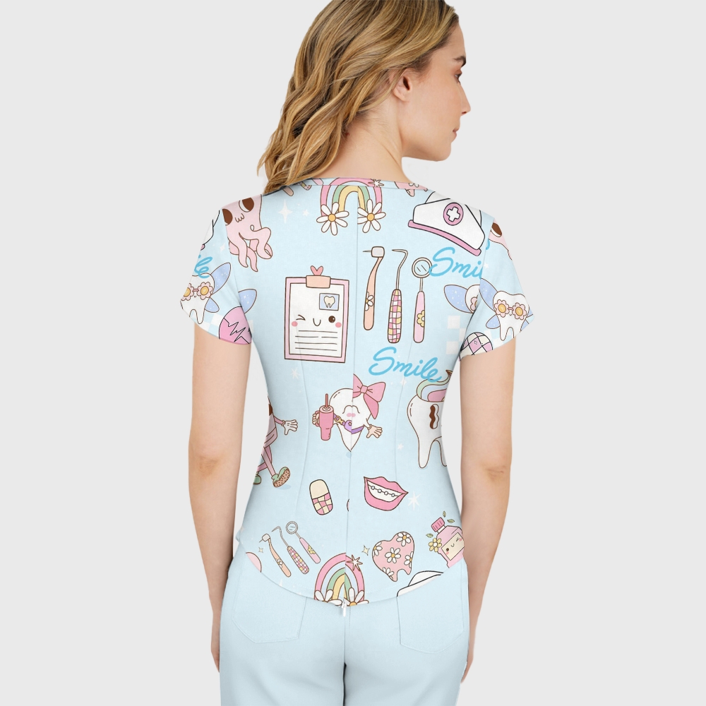 Women's V-Neck Smile Teeth Printed Scrub Set ST12