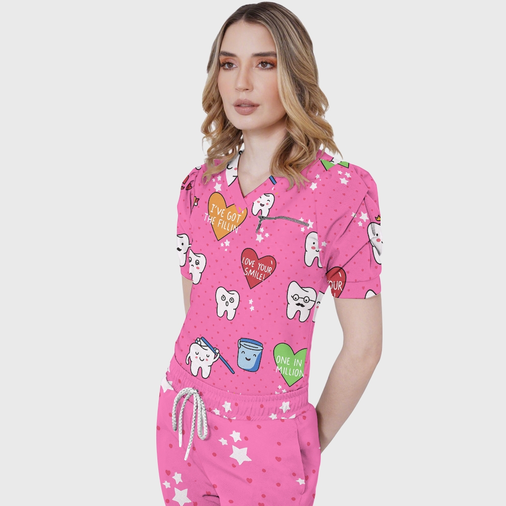 Women's V-Neck Love Your Smile Printed Scrub Set ST10