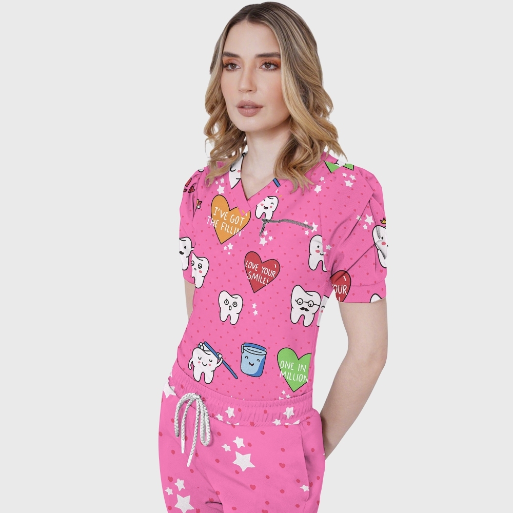 Women's V-Neck Love Your Smile Printed Scrub Set ST10