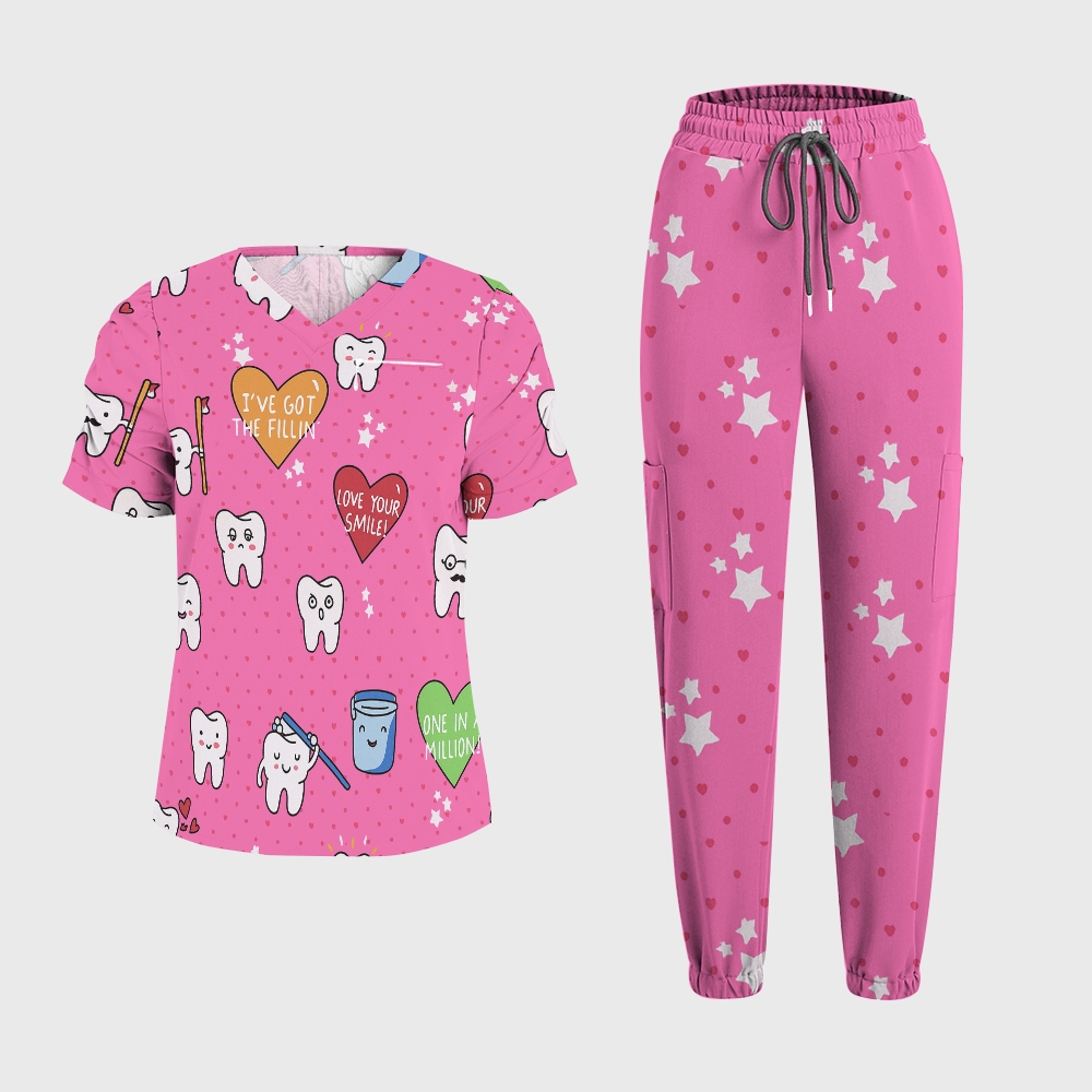Women's V-Neck Love Your Smile Printed Scrub Set ST10