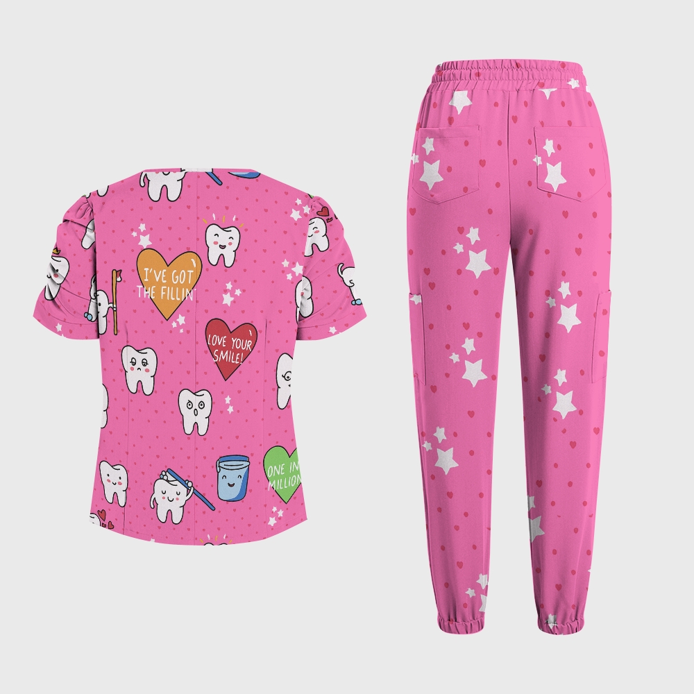 Women's V-Neck Love Your Smile Printed Scrub Set ST10