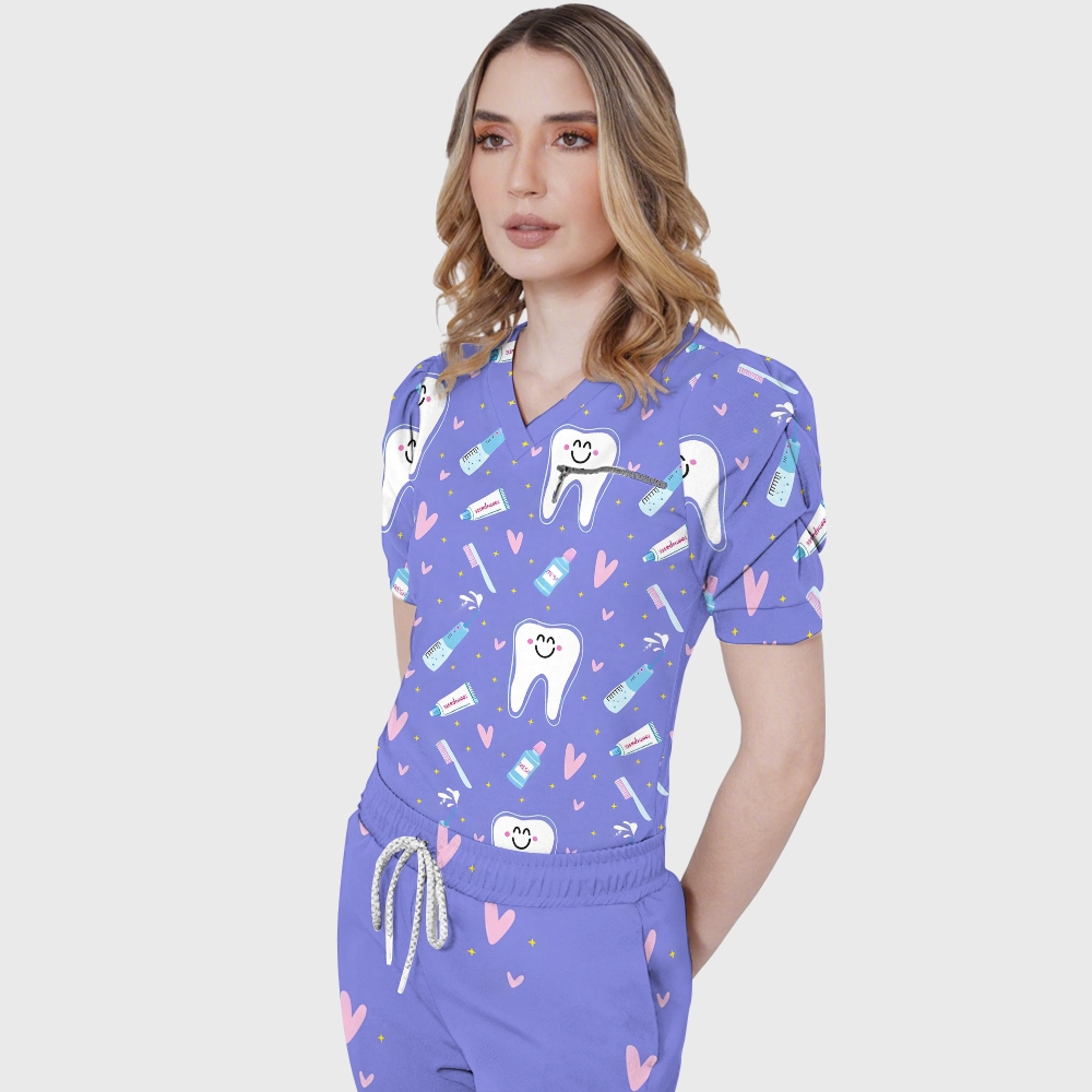 Women's V-Neck Brushing Teeth Printed Scrub Set ST11