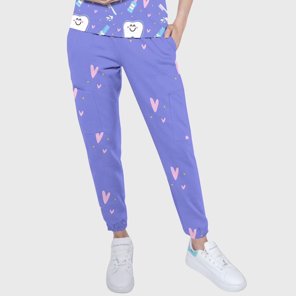 Women's V-Neck Brushing Teeth Printed Scrub Set ST11