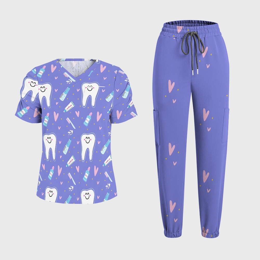 Women's V-Neck Brushing Teeth Printed Scrub Set ST11