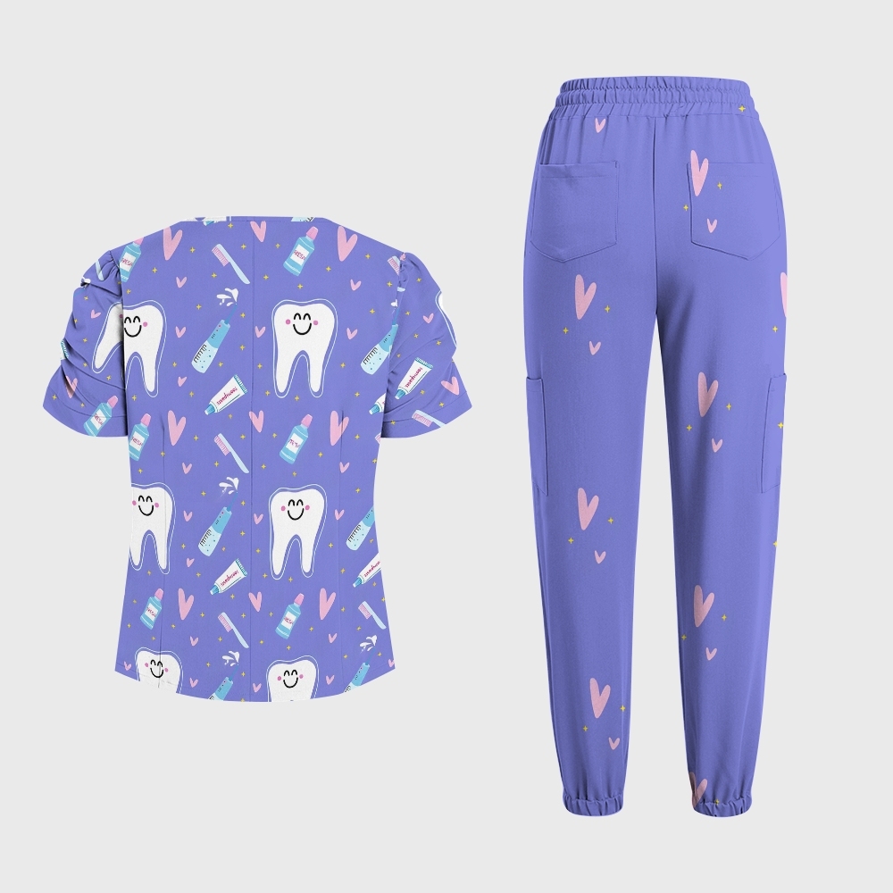 Women's V-Neck Brushing Teeth Printed Scrub Set ST11