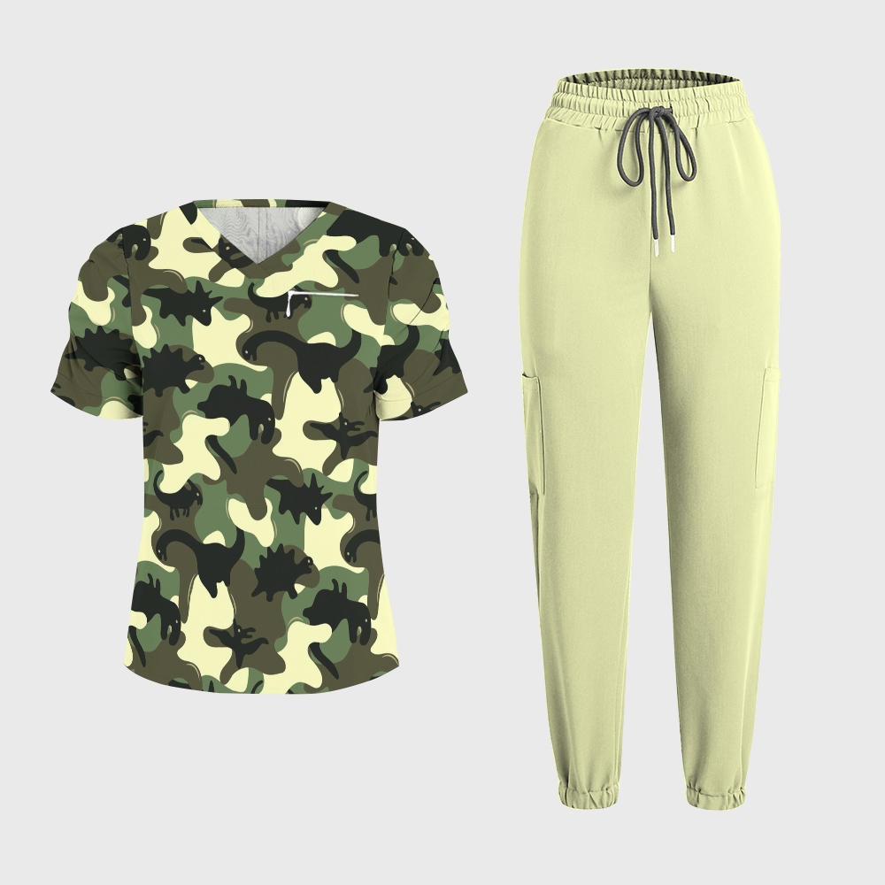 Women's Dinosaur Camouflage Printed Scrub Set SA07