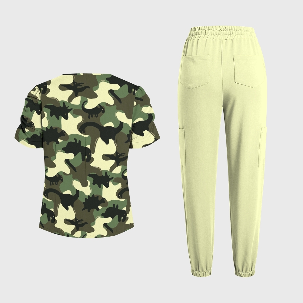 Women's Dinosaur Camouflage Printed Scrub Set SA07