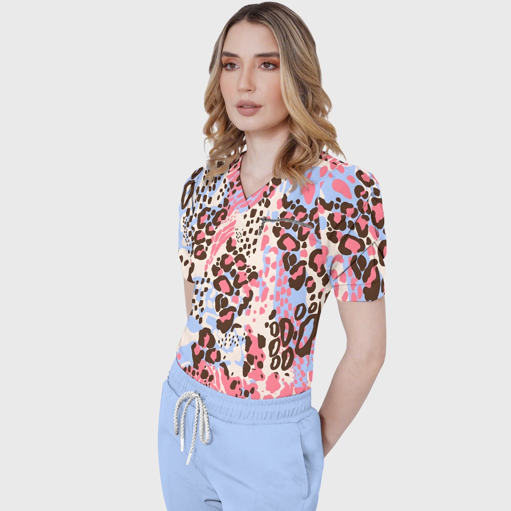 Women's Pink Watercolor Leopard Printed Scrub Set SL05