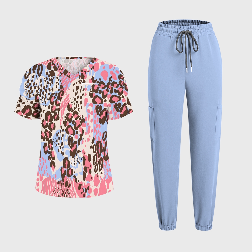 Women's Pink Watercolor Leopard Printed Scrub Set SL05