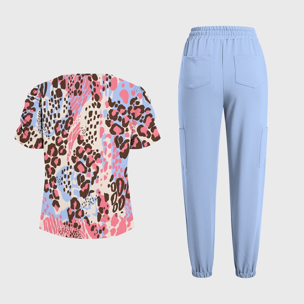 Women's Pink Watercolor Leopard Printed Scrub Set SL05