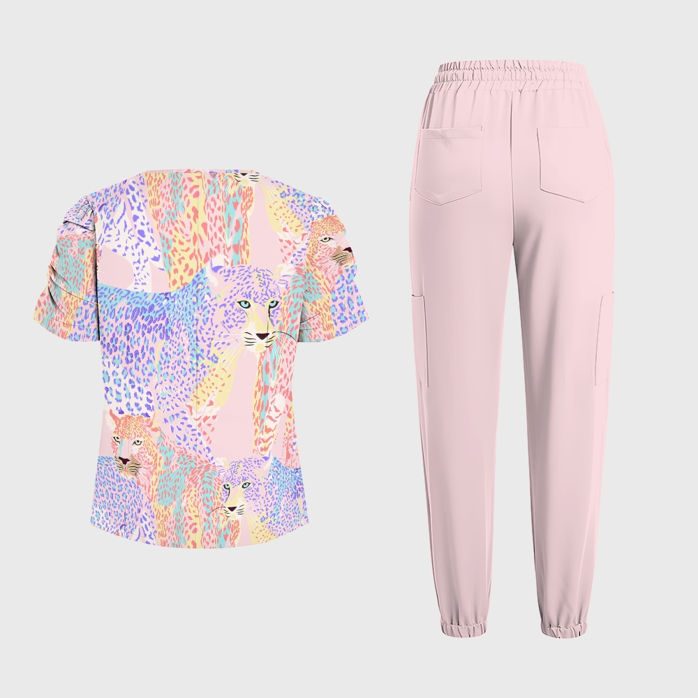 Women's Pastel Leopard Printed Scrub Set SL10