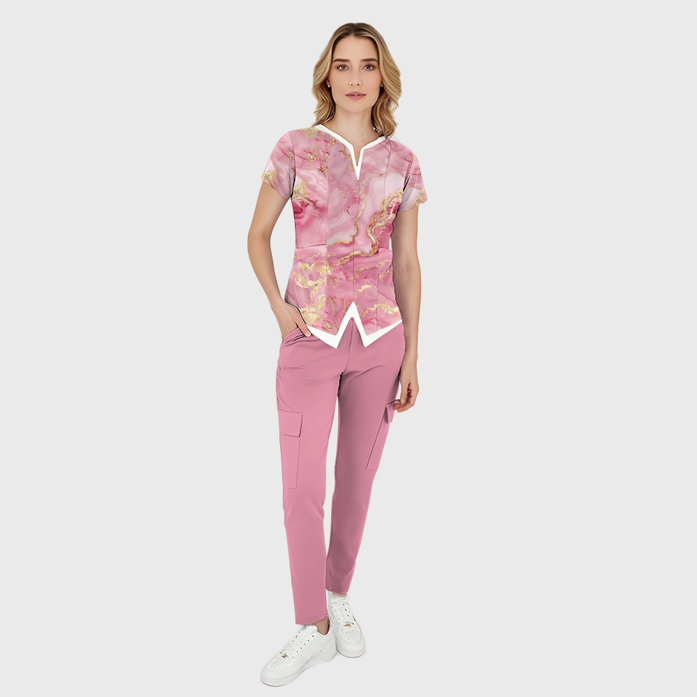 Women's Pink Gold Marble Printed Scrub Set SA07