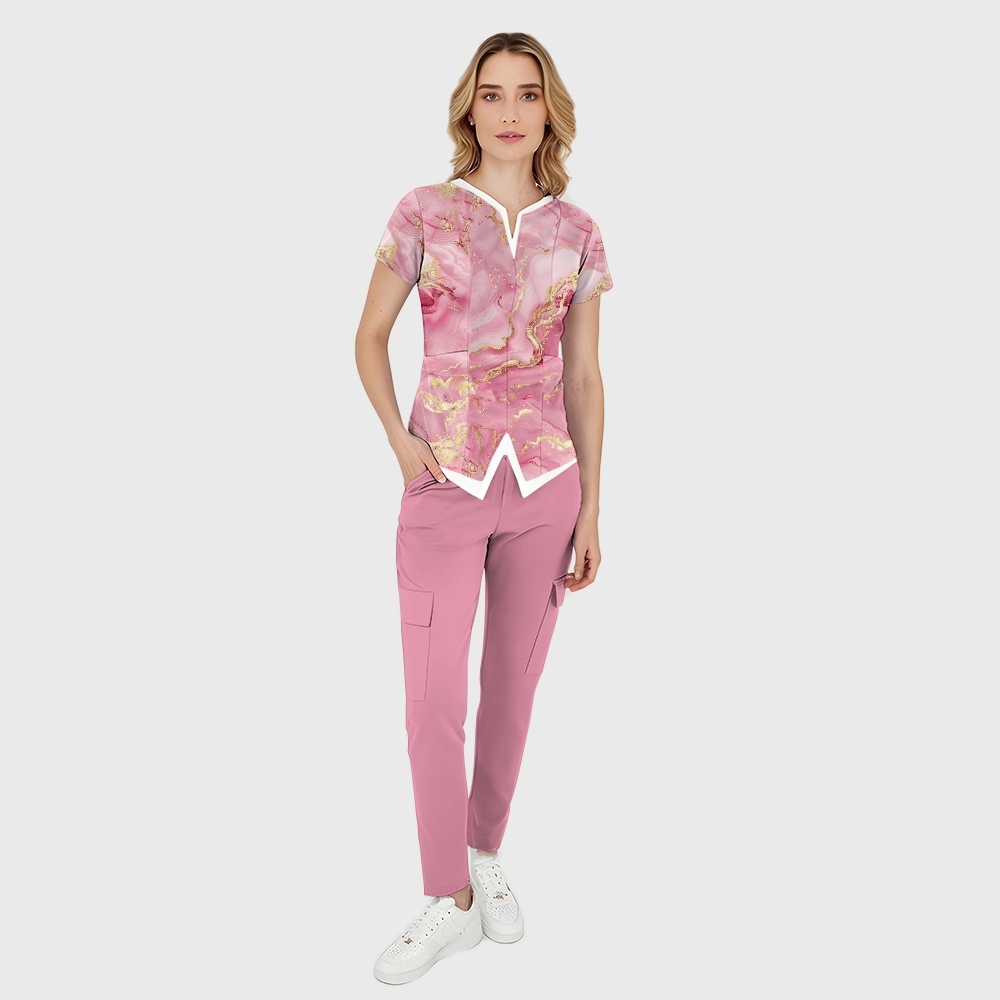 Women's Pink Gold Marble Printed Scrub Set SA07