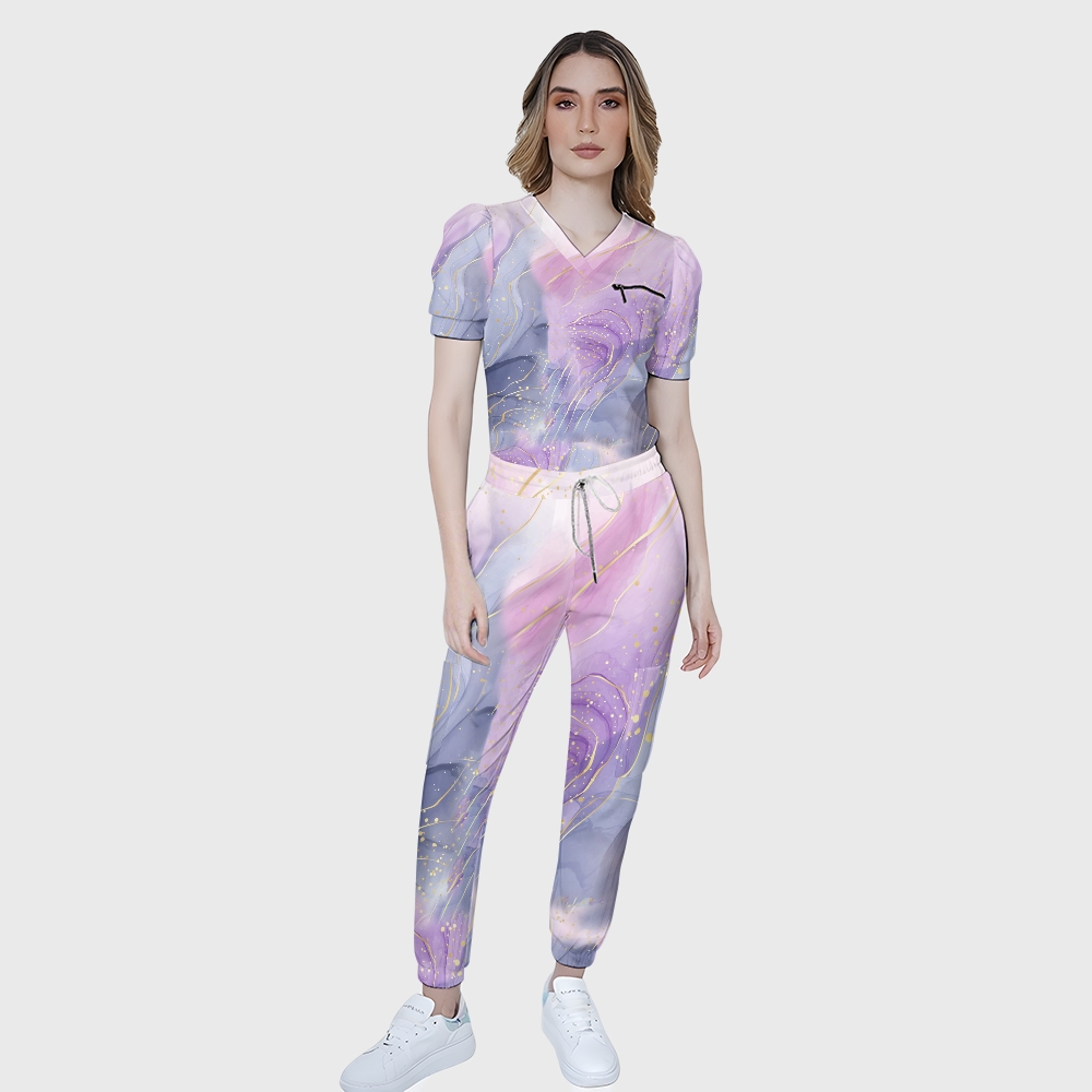 Women's Gold Purple Marble Printed Scrub Set SG18