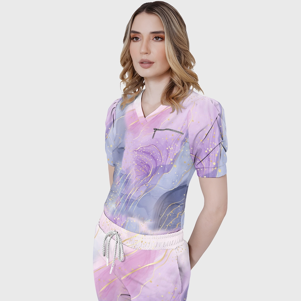 Women's Gold Purple Marble Printed Scrub Set SG18