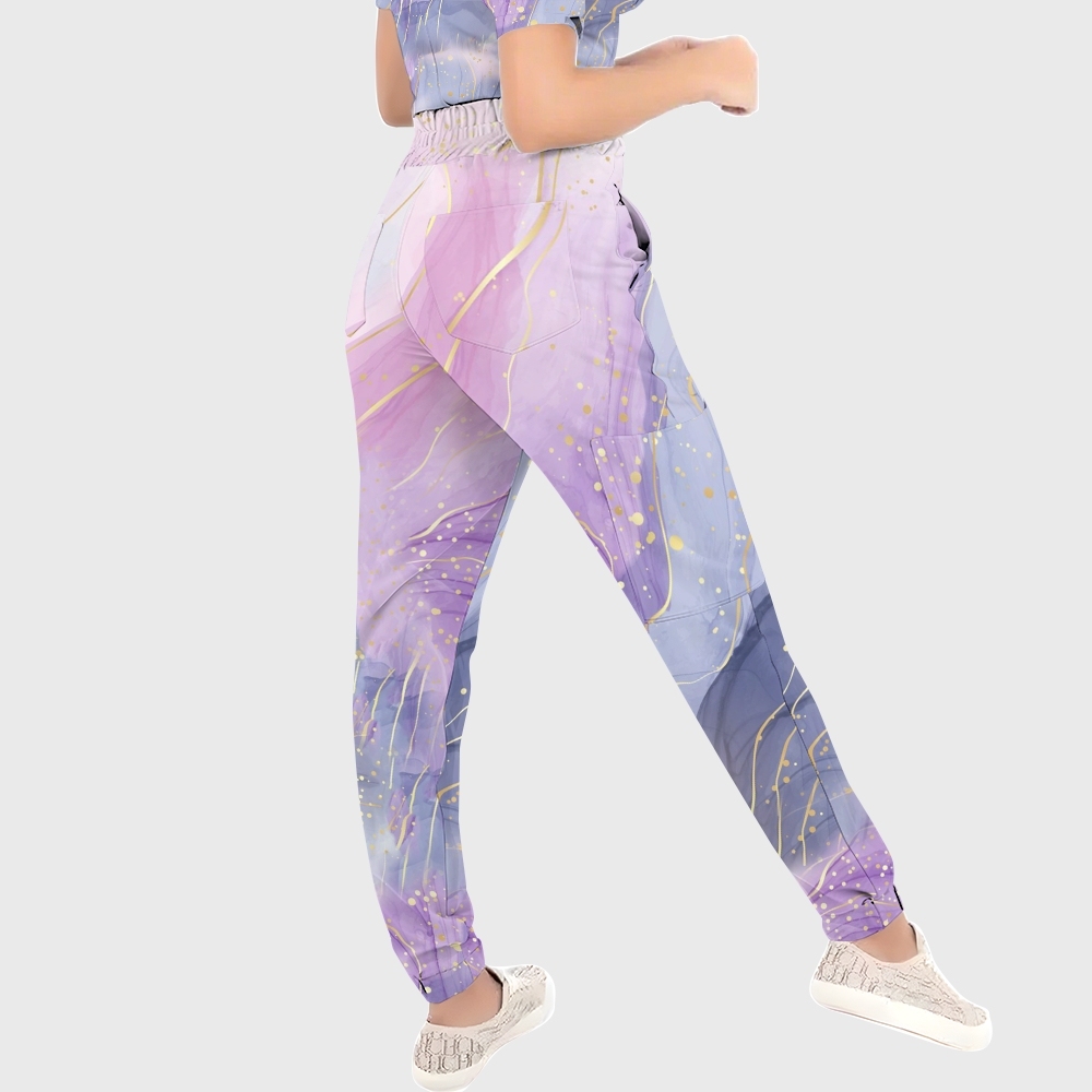 Women's Gold Purple Marble Printed Scrub Set SG18