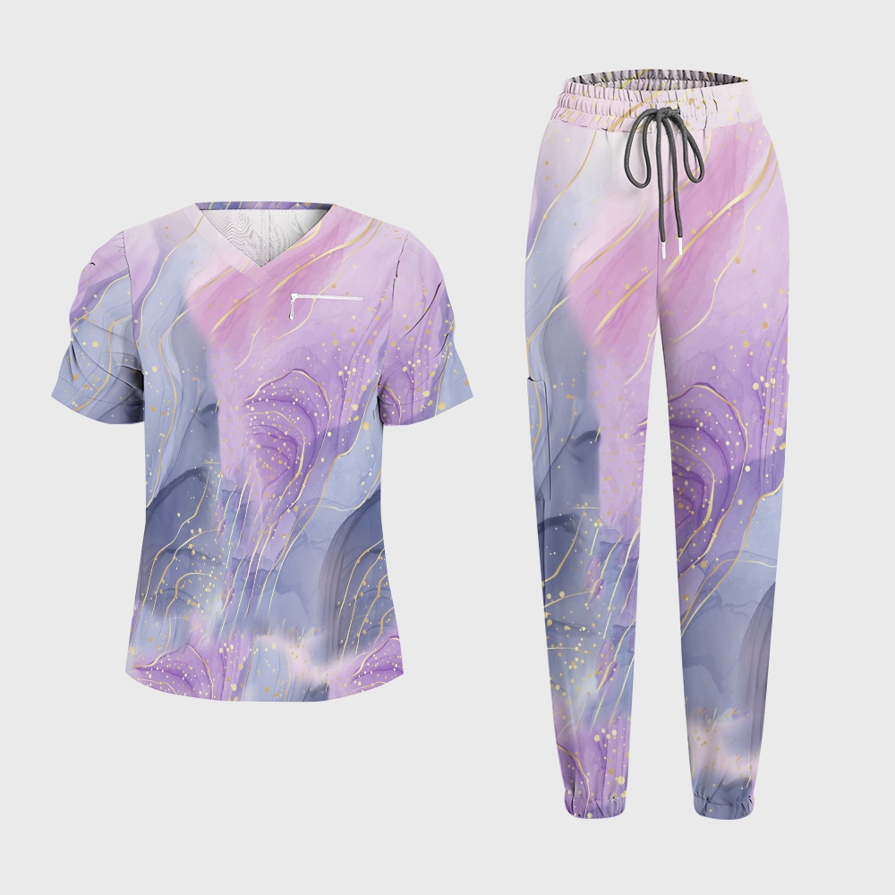 Women's Gold Purple Marble Printed Scrub Set SG18