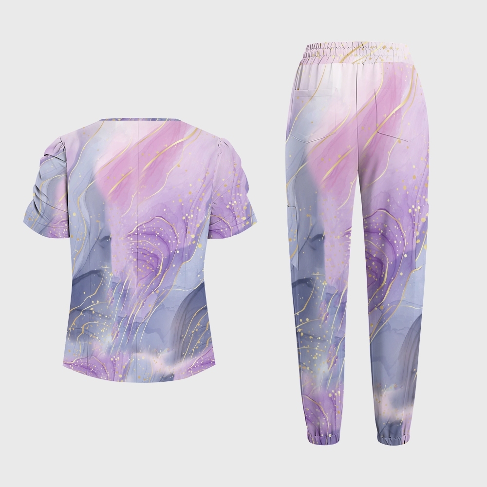 Women's Gold Purple Marble Printed Scrub Set SG18