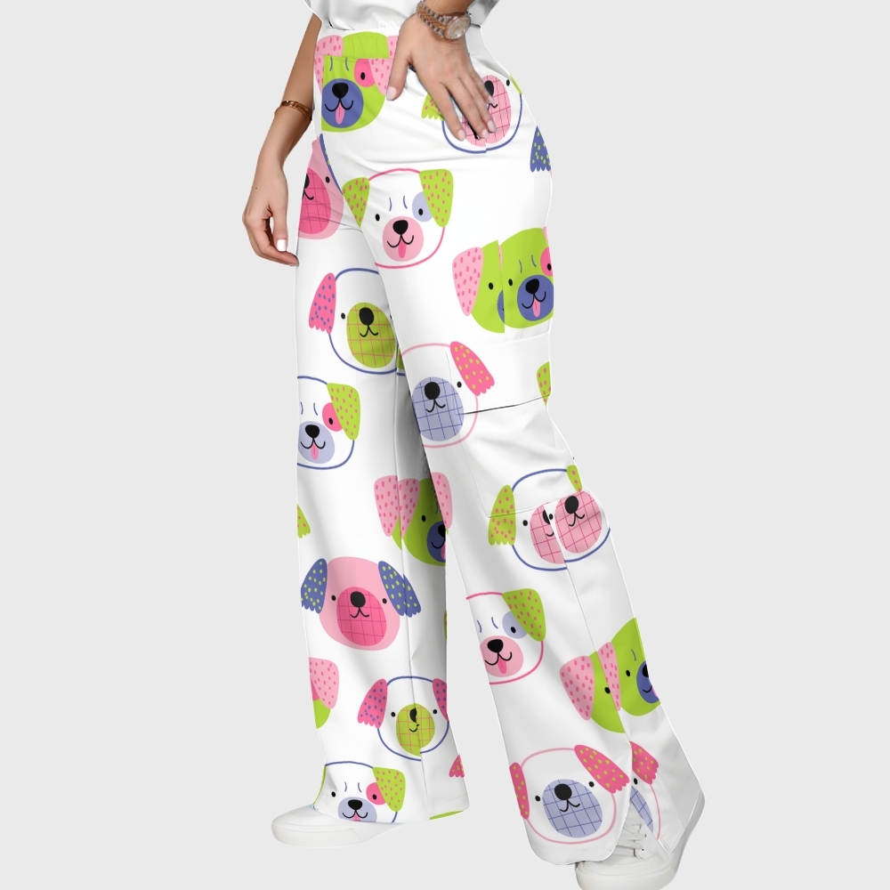 Women's Childish Dog Faces Printed Scrub Set SN09
