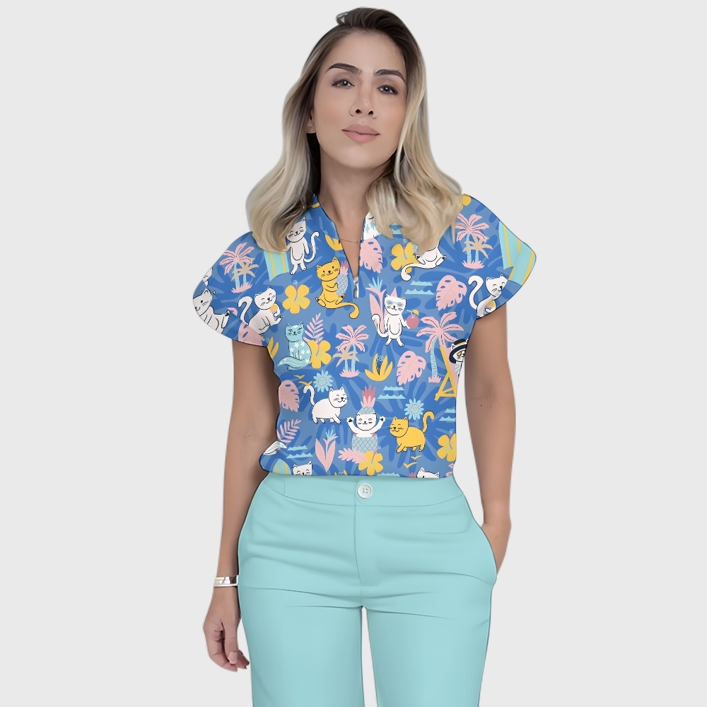 Women's Funny Cat Spring Printed Scrub Set SN13