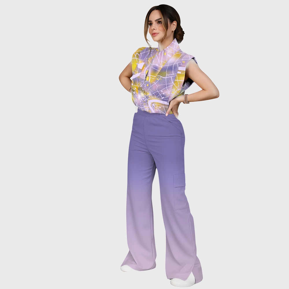 Women's City Map Purple Ombre Printed Scrub Set SG11